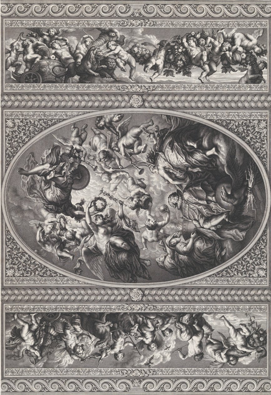 Apoteosen til James I i en oval i midten, friser med putti og girlander på enten ..., 1720. av Simon Gribelin