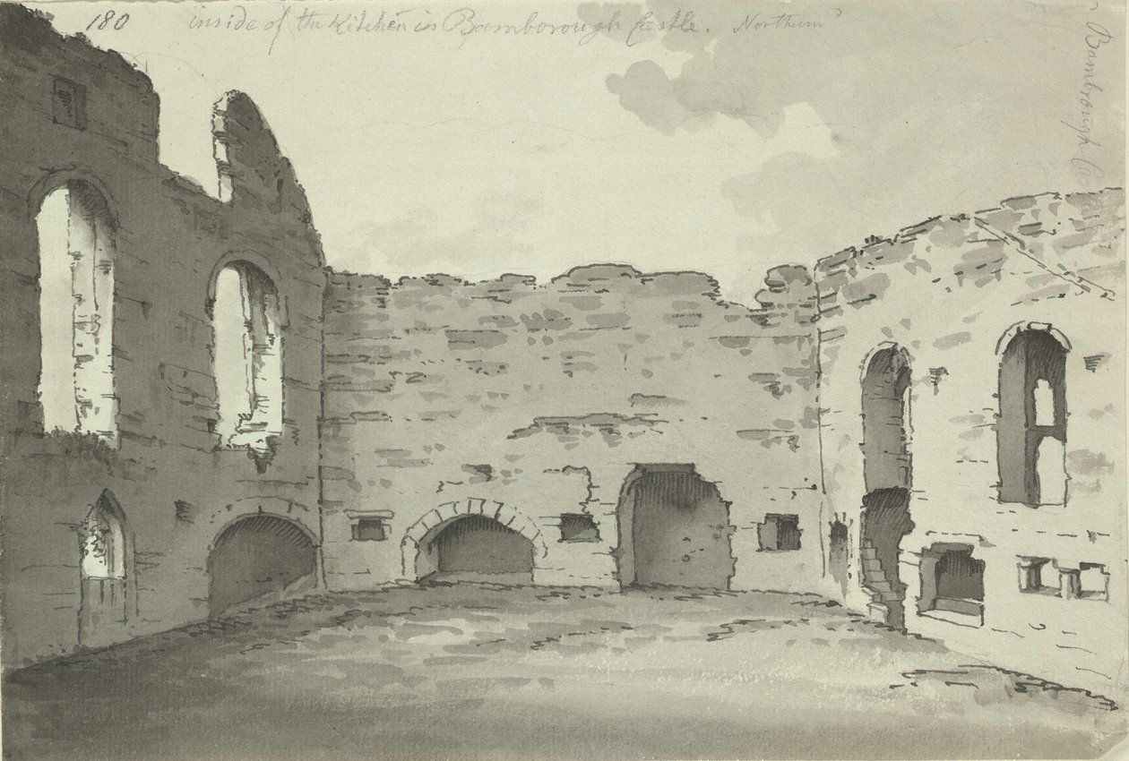 Bamburgh Castle, kjøkkenruiner, Legg til. 15542, f.180, ca. 1780 (penn- og blekkvask på papir) av Simon H. Grimm