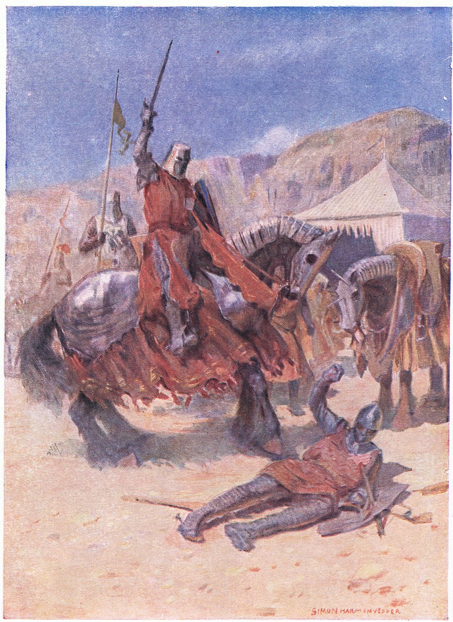 Sir Kenneths lanse hadde stukket gjennom skjoldet (farge litho) av Simon Harmon Vedder