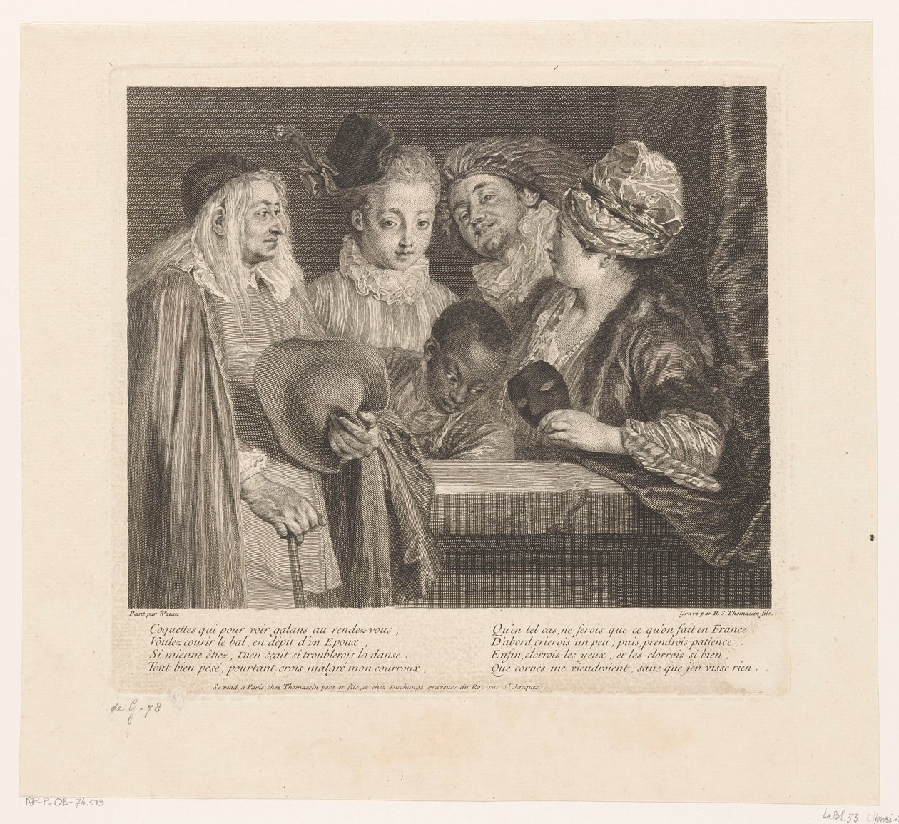 Gezelschap av fem skuespillere ved en brystning The Coquettes Verk av Antoine Watteau (serietittel) Verket til Antoine Watteau, maler for kongen i hans Royal Academy of Painting and Sculpture (...) (serietittel) av Simon Henri Thomassin
