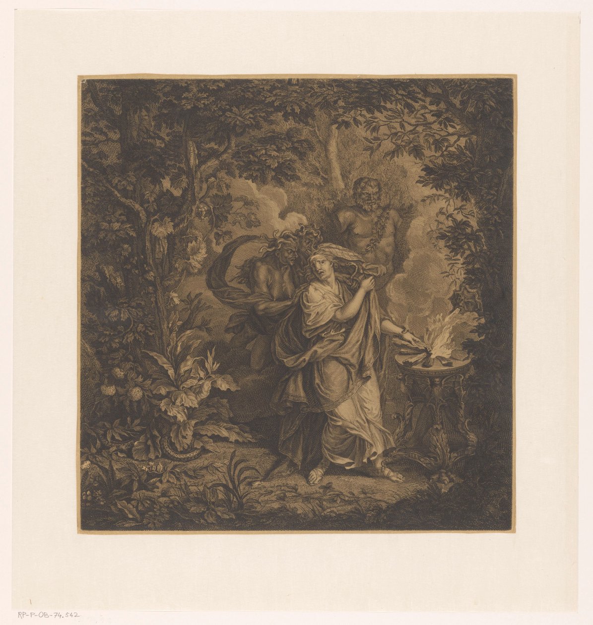 Mytologisk scene med en offerdronning i en skog, muligens Althaea, og tre gorgonianere av Simon Henri Thomassin