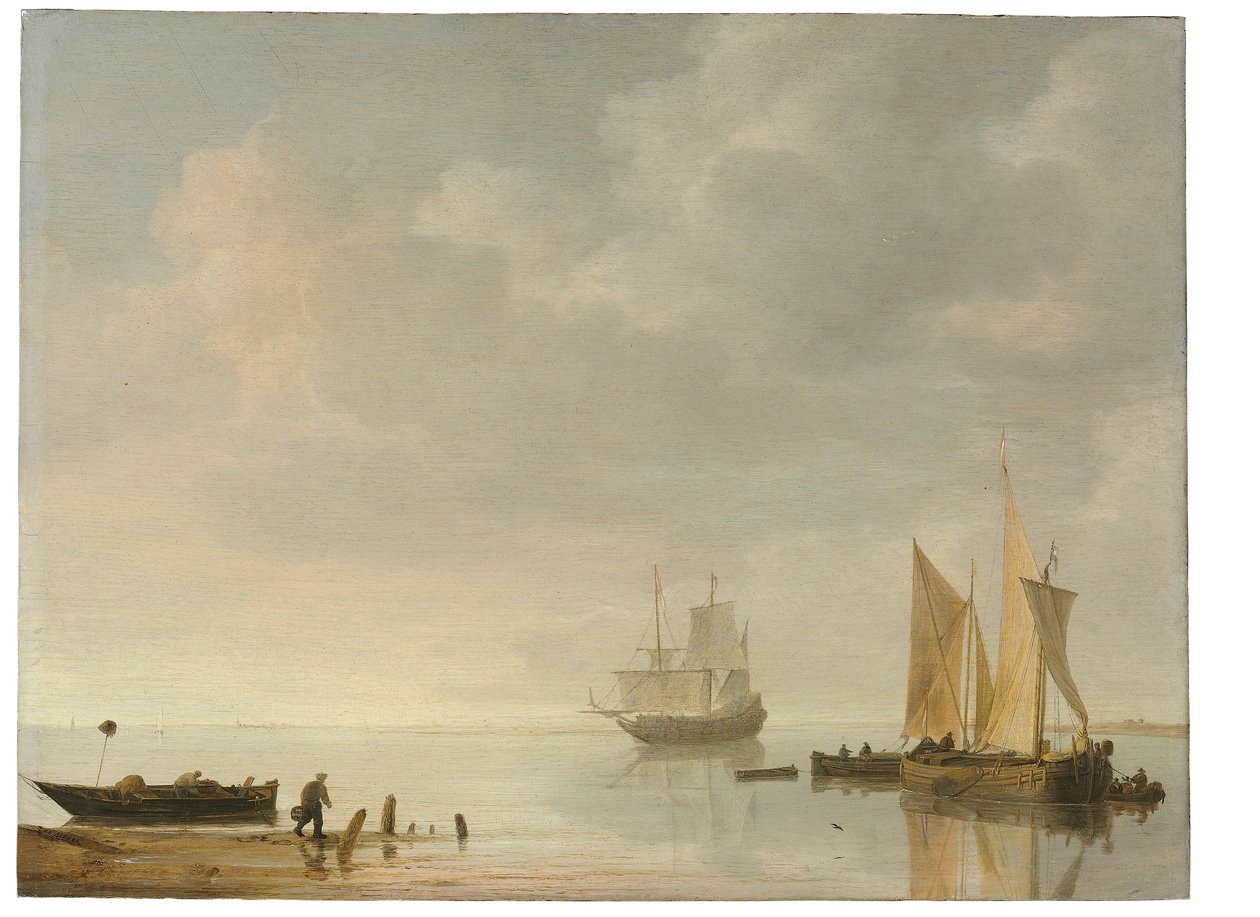 Kystscene med skip som hviler på rolige farvann av Simon Jacobsz. Vlieger