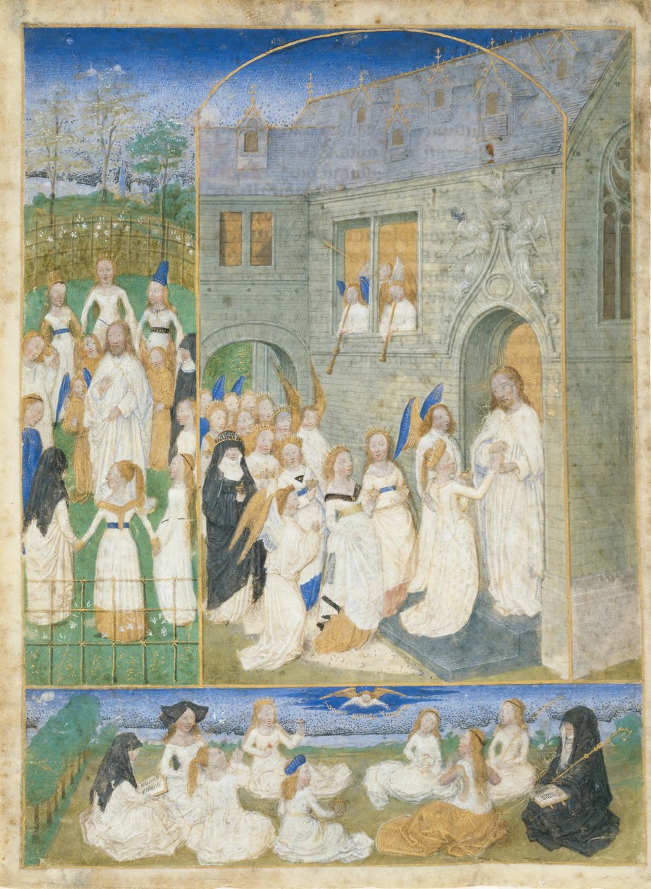 De hellige jomfruer møtt av Kristus når de går inn i paradisets porter, ca. 1467-70. av Simon Marmion