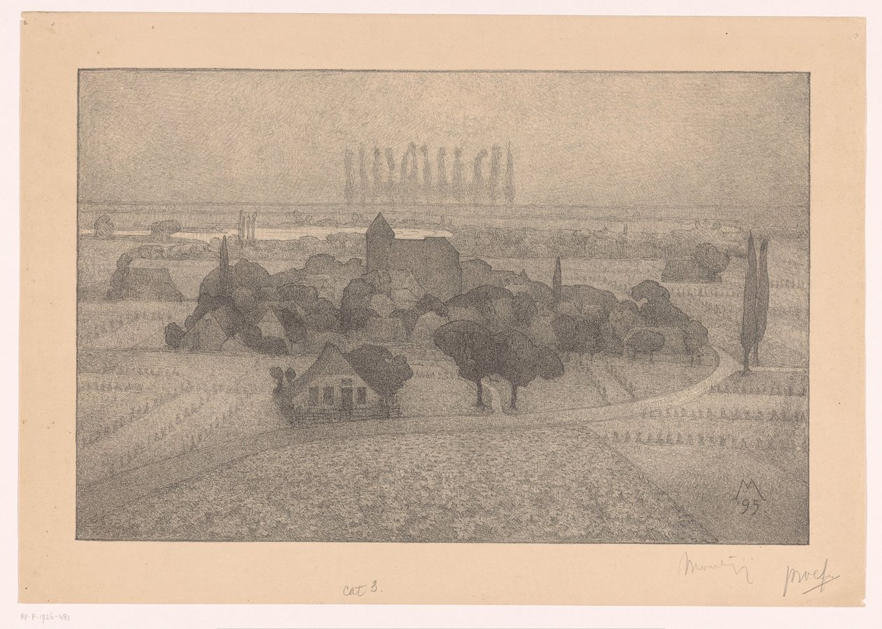 Landskap med en landsby ved en elv Twilight (original tittel) av Simon Moulijn (signed by artist)