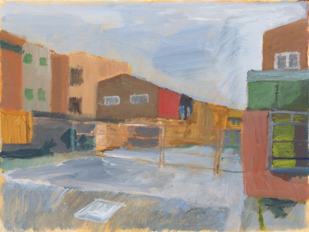 Forgård og bygninger, 2025 (akryl på lerret) av Simon Neville