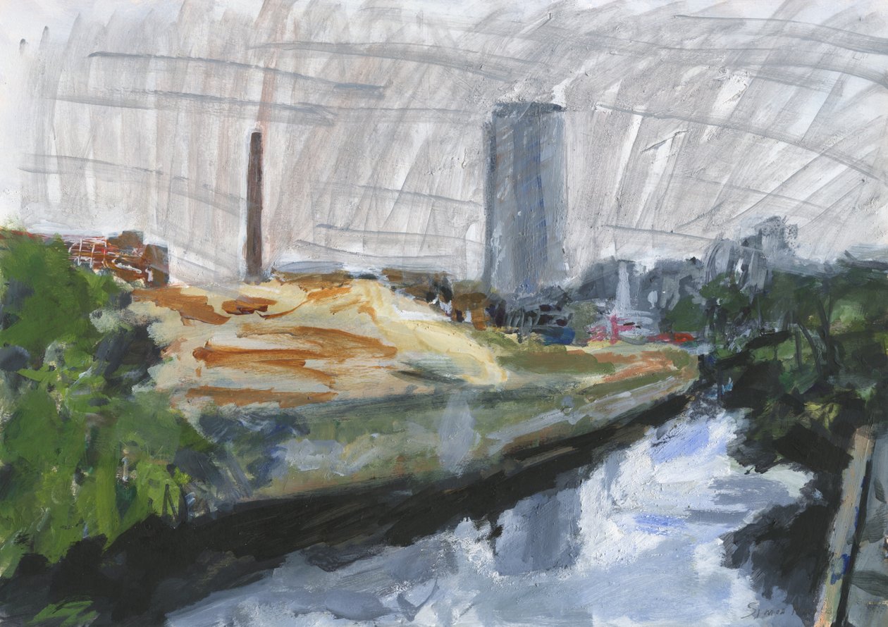 Ombyggingsområdet for elven Wandle og Ram Brewery, Wandsworth, 2025 (akryl, akrylmalingspenner, tusjpenner, oljebaserte blekkpenner og grafitt på papir) av Simon Neville