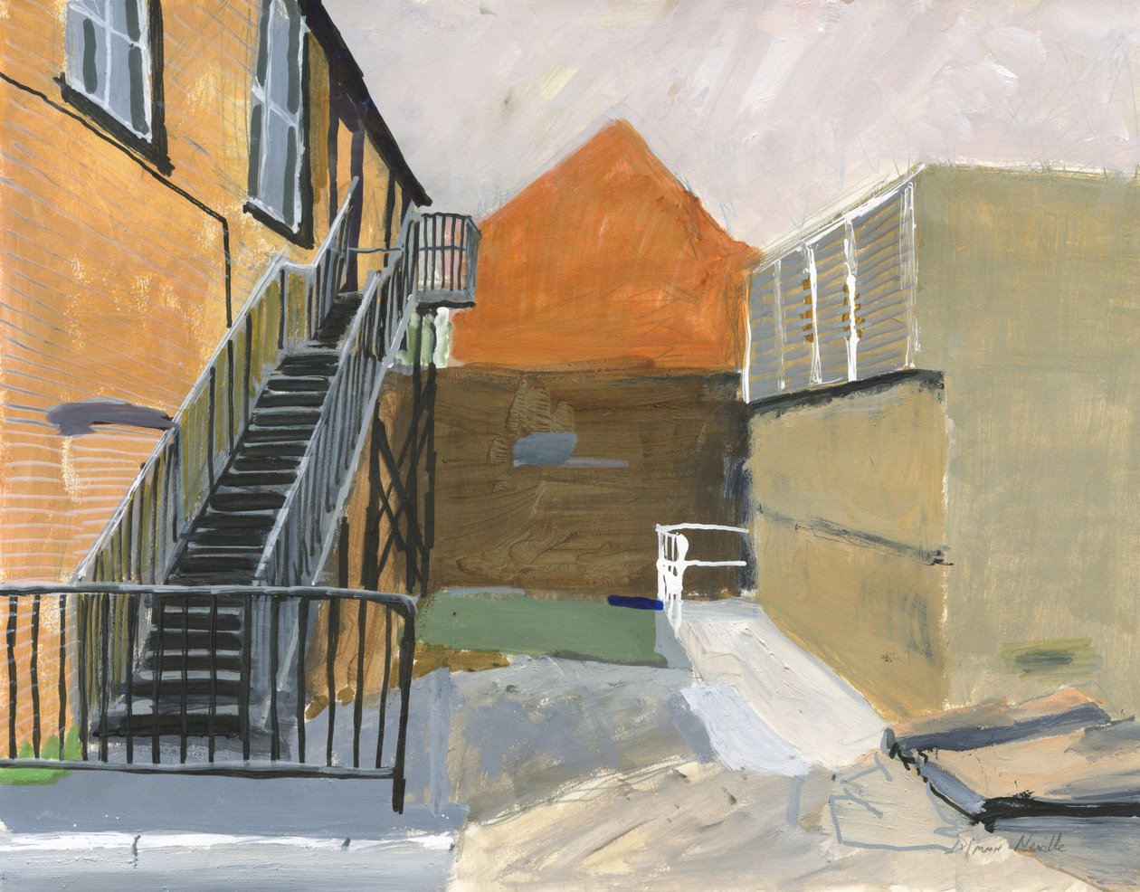 Liten gårdsplass, Wandsworth, 2025 (akryl, akrylmalingspenner, tusjpenner, oljebaserte tusjpenner og grafitt på papir) av Simon Neville