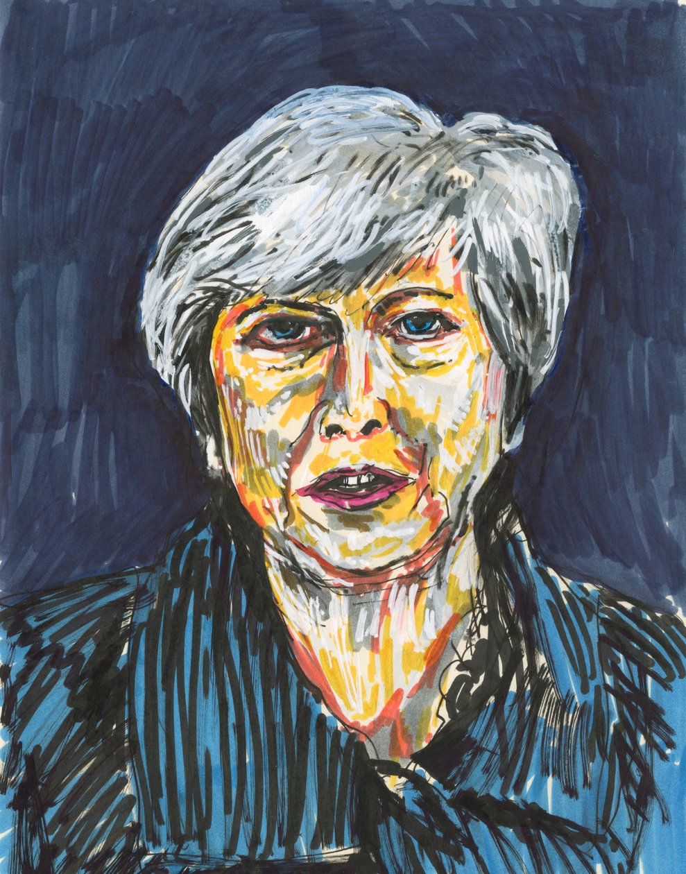 Theresa May, 2019 (blekk og akrylmalingpenner på papir) av Simon Neville