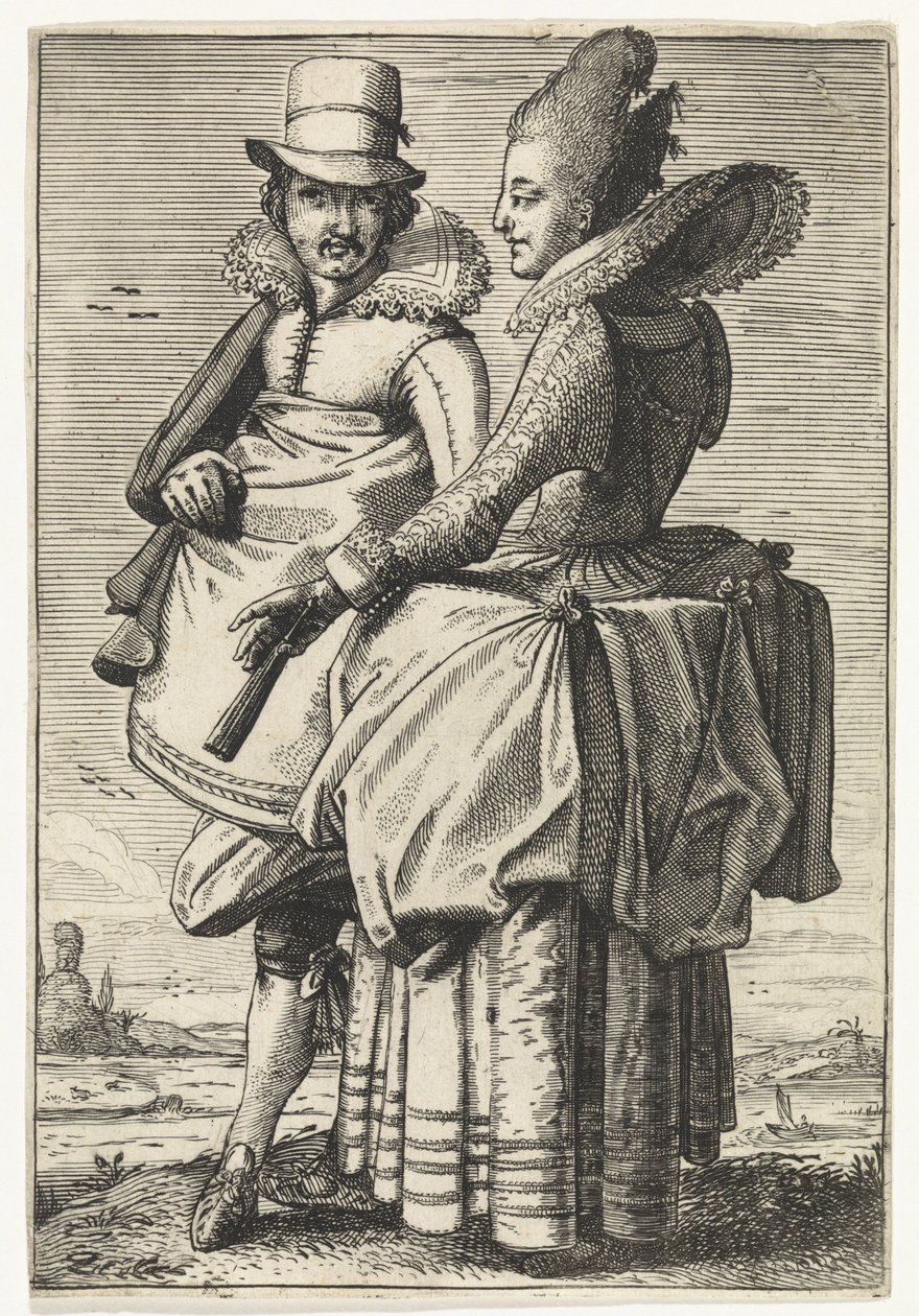 Mann og kvinne kledde seg etter moten rundt 1625 av Simon Poelenburg (attributed to)