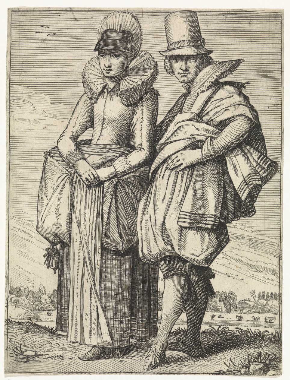 Mann og kvinne kledde seg etter moten rundt 1625 av Simon Poelenburg (attributed to)