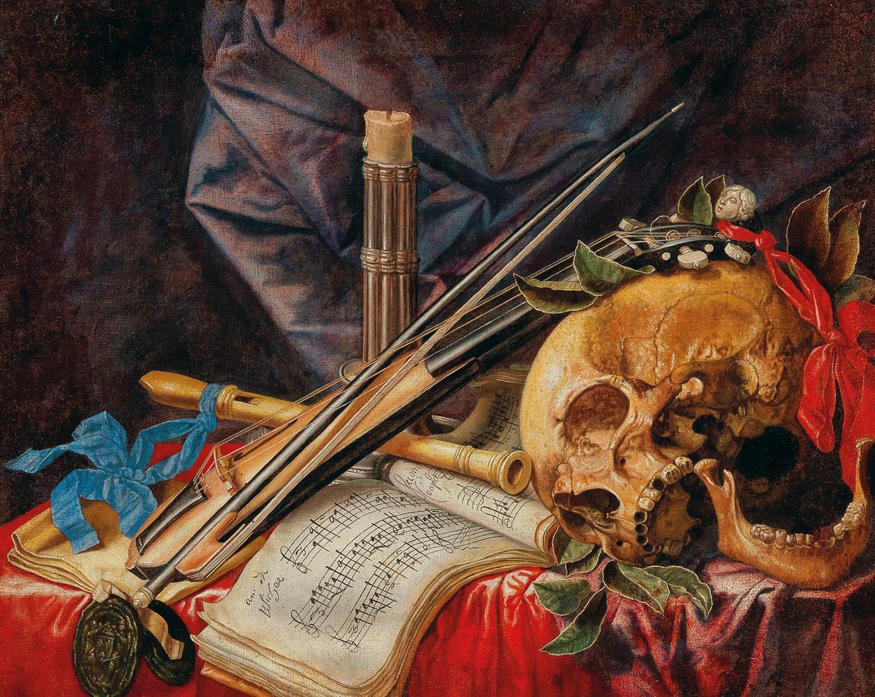 Vanitas stilleben med bratsj, klarinett, hodeskalle, partiturer og stearinlys. av Simon Renard de Saint Andre