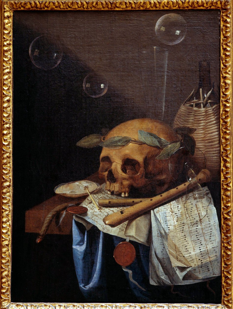 Vanite stilleben av hodeskalle krone av laurbær, fløyter, partiture og vinmugge. Maleri av Simon Bernard av Saint Andre (1613-1677) 1600-tallet søn. 0,6x0,43 m Lyon, Musee des Beaux Arts av Simon Renard de Saint Andre