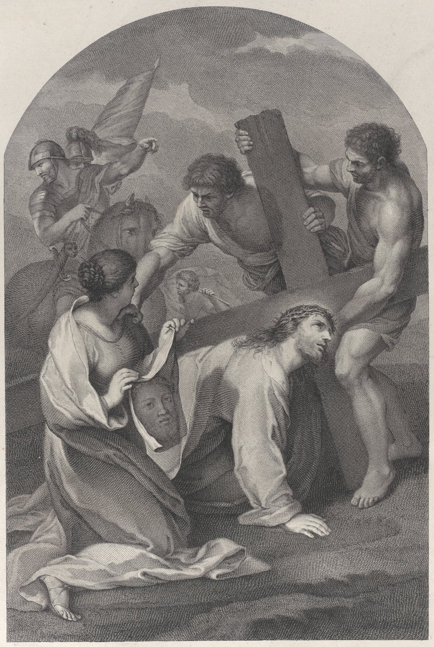 Kristus falt til bakken under vekten av korset, med to menn som hjalp til og ..., ca. 1729. av Simon Vallee