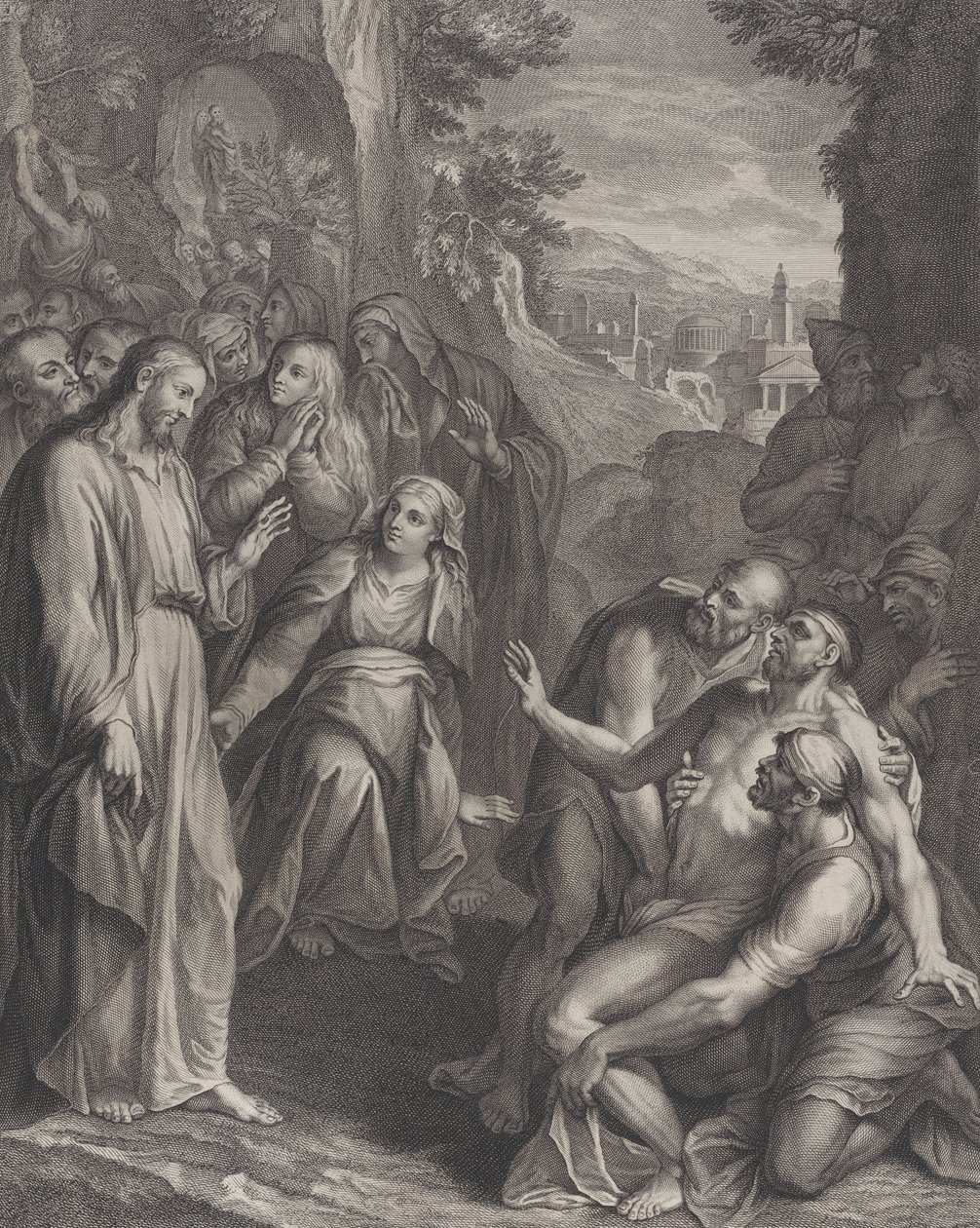 Oppreisningen av Lasarus, med Kristus stående til venstre, ca. 1729. av Simon Vallee