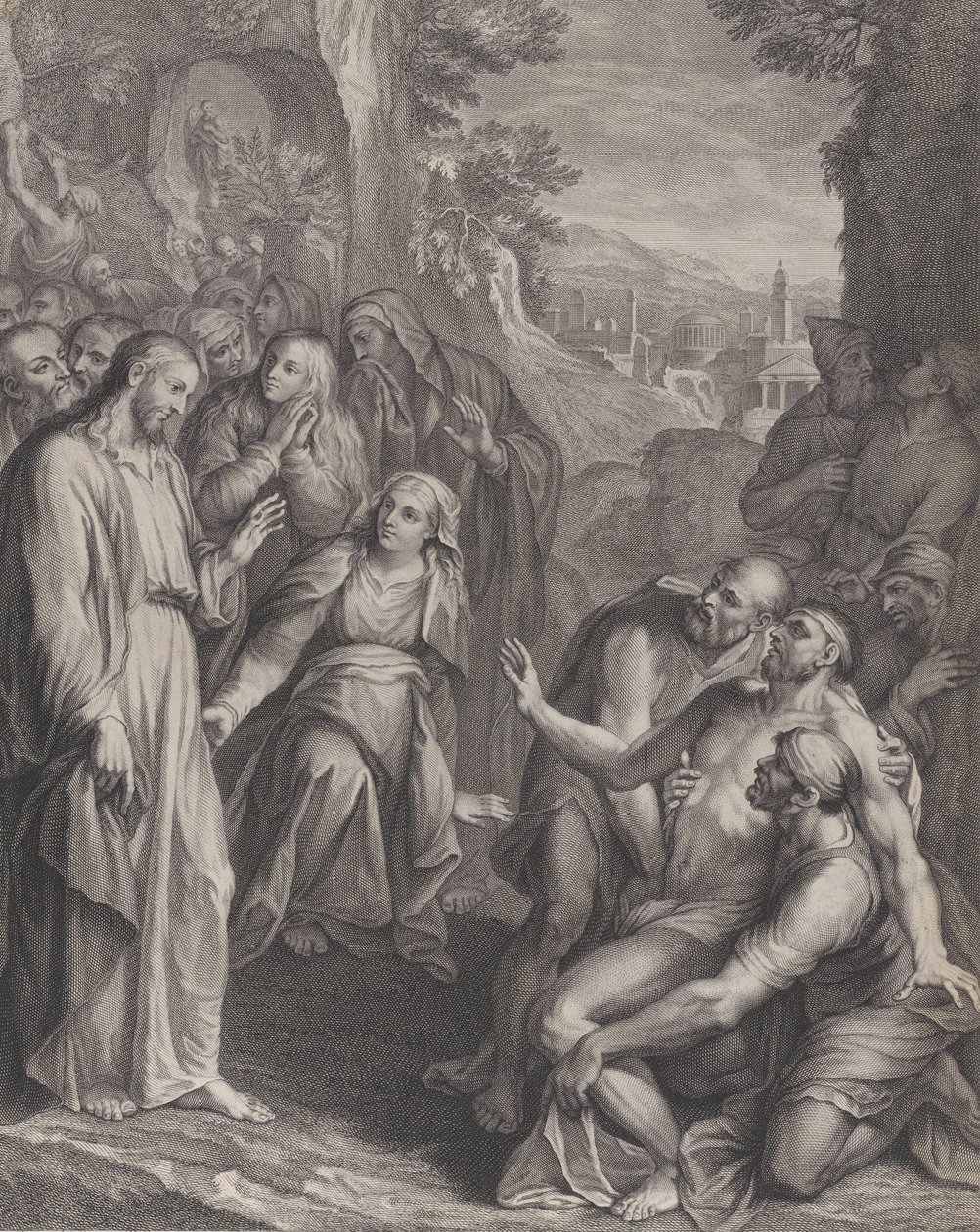 Oppreisningen av Lasarus, med Kristus stående til venstre, ca. 1729. av Simon Vallee