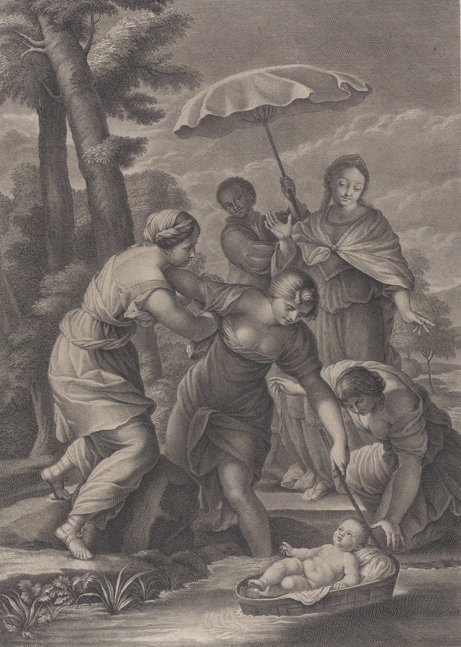 Tre kvinner trekker inn kurven med spedbarnet Moses fra vannet, ca. 1729. av Simon Vallee