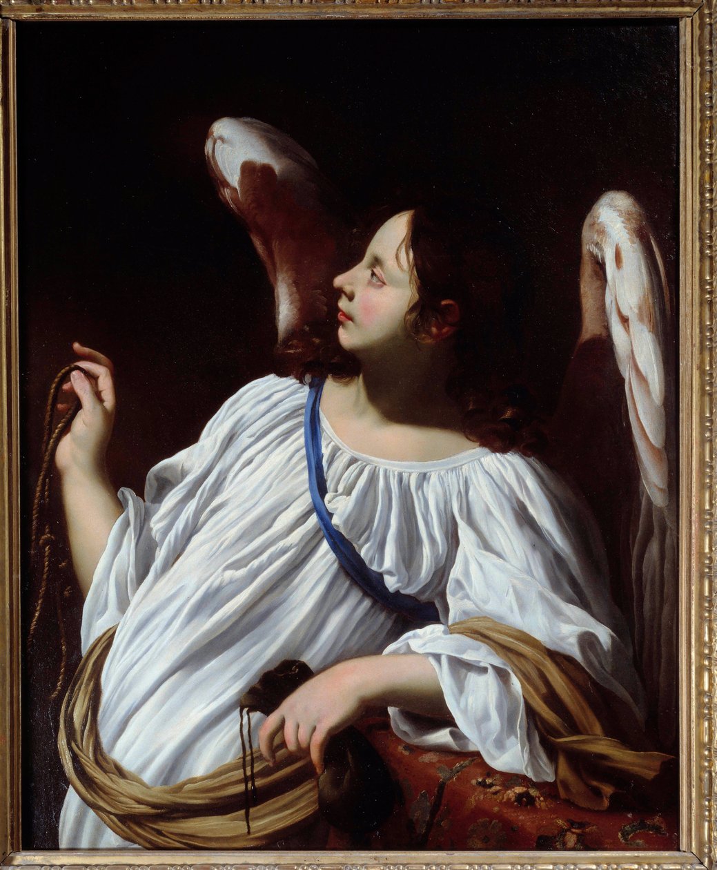 Angel har tau- og veskeinstrumentene til Kristi lidenskap. Detalj av et maleri av Simon Vouet (1590-1649) privatsamling fra 1600-tallet av Simon Vouet
