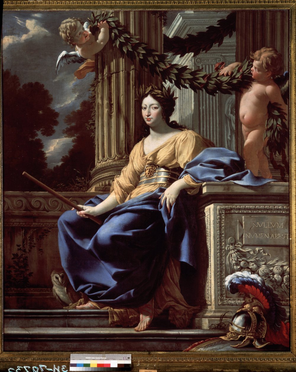 Allegorisk portrett av Anne av Østerrike (1601-1666) (Allegorisk portrett av Anne av Østerrike). Dronningen av Frankrike representert som gudinnen Minerva (Athena) omgitt av hennes attributter (hjelm, skjold, ugle og belte med masken til Medusa). registrer av Simon Vouet