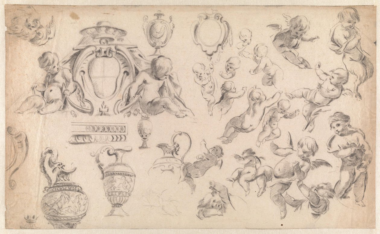 Studie til en dekorasjon med putti og ornamenter av Simon Vouet
