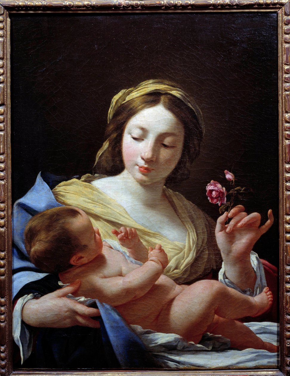 Jomfruen et barn og en rose-maleri av Simon Vouet (1590-1649) 1627 Søn. 0,8x0,62 m Marseille, Musee des Beaux Arts av Simon Vouet