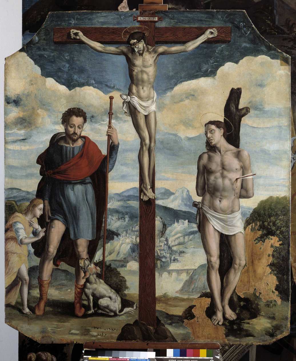 Korsfestelse med St. Roch og St. Sebastian (olje på tre) av Simon de Châlons