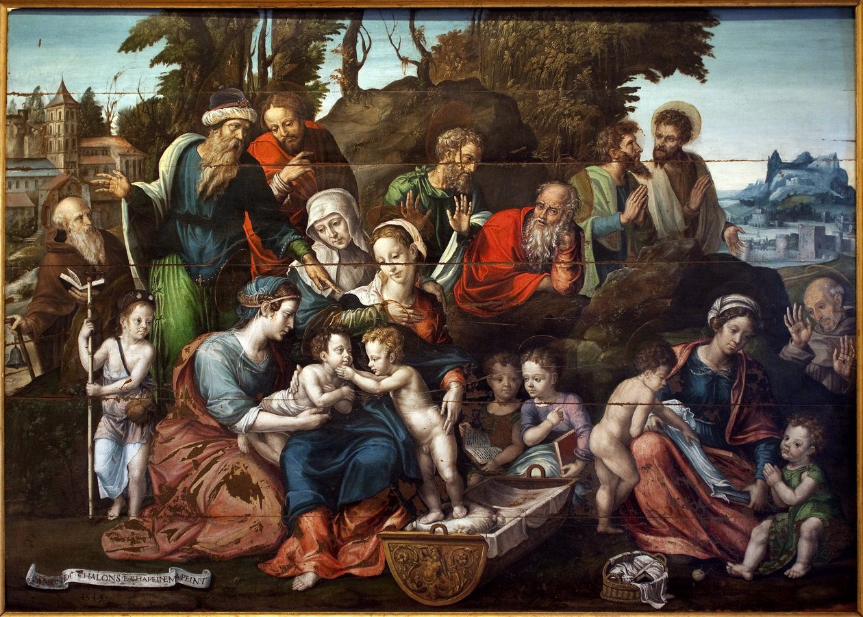 Den hellige forelder. (Saint Anne, omgitt av sine tre påfølgende ektemenn, Salome (blå tunika, med spiss pekefinger), Cleophas (med rød frakk, far til Marie Cleophas) og Joachim, far til jomfruen (rød frakk, hode hviler på knyttneven) I århundret av Simon de Châlons