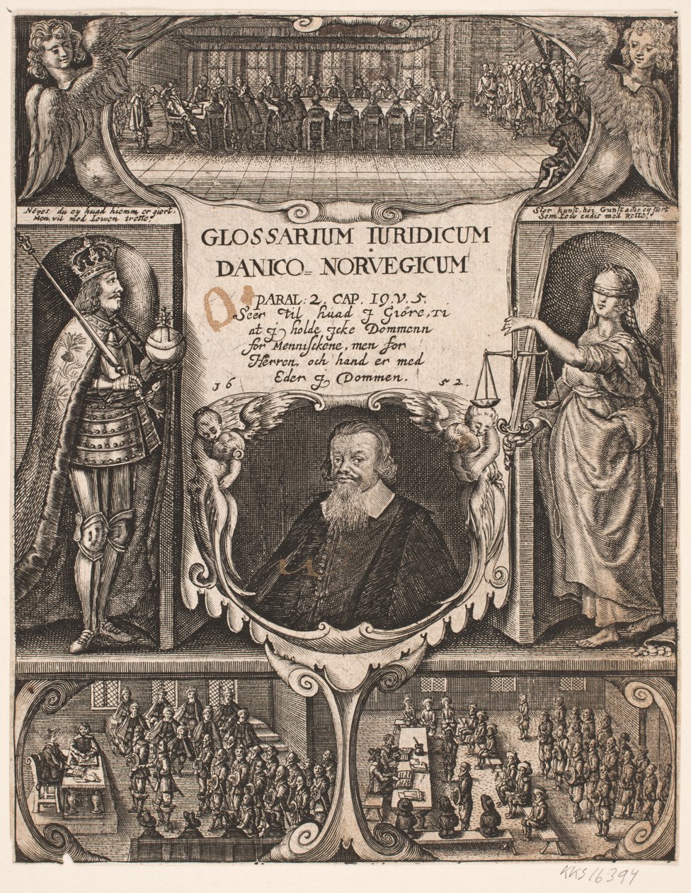 Tittelside med portrett av C.O. Veile til "Glosarium juridicum Danico - Norvegicum", 1652 av Simon de Pas
