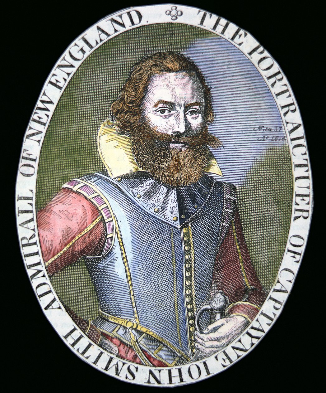 Kaptein John Smith (1580-1631) (farget gravering) av Simon de Passe