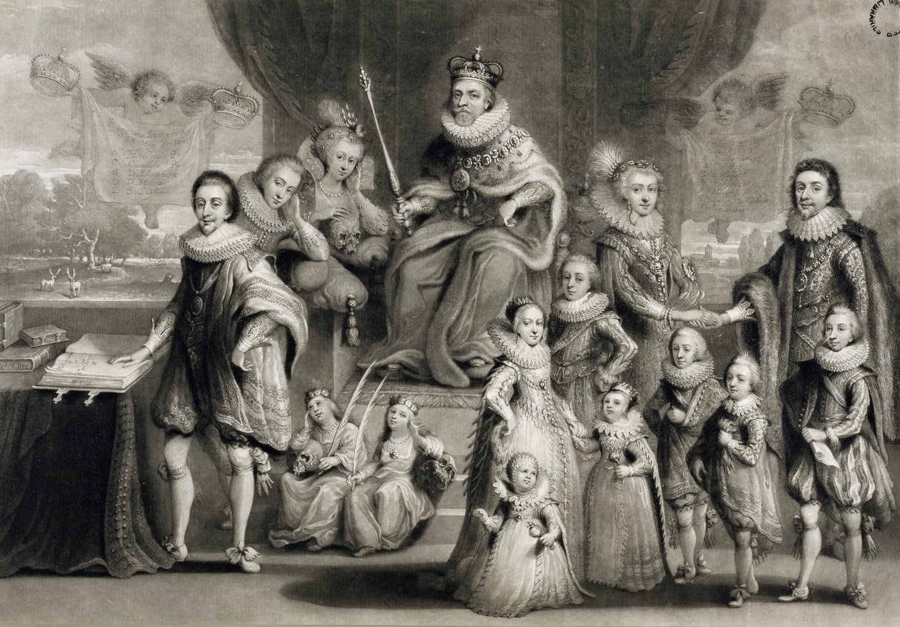 Hans Majestet James I og hans kongelige avkom sammen med familien til kongen av Böhmen, gravert av Charles Turner (1773-1857), 1814 av Simon de Passe