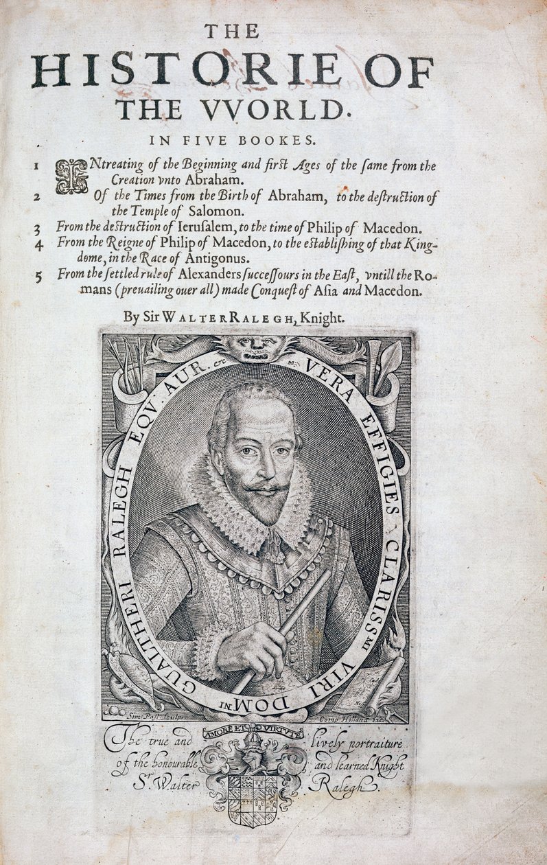 Tittelside fra The Historie of the World av Sir Walter Raleigh, 1600-tallet av Simon de Passe
