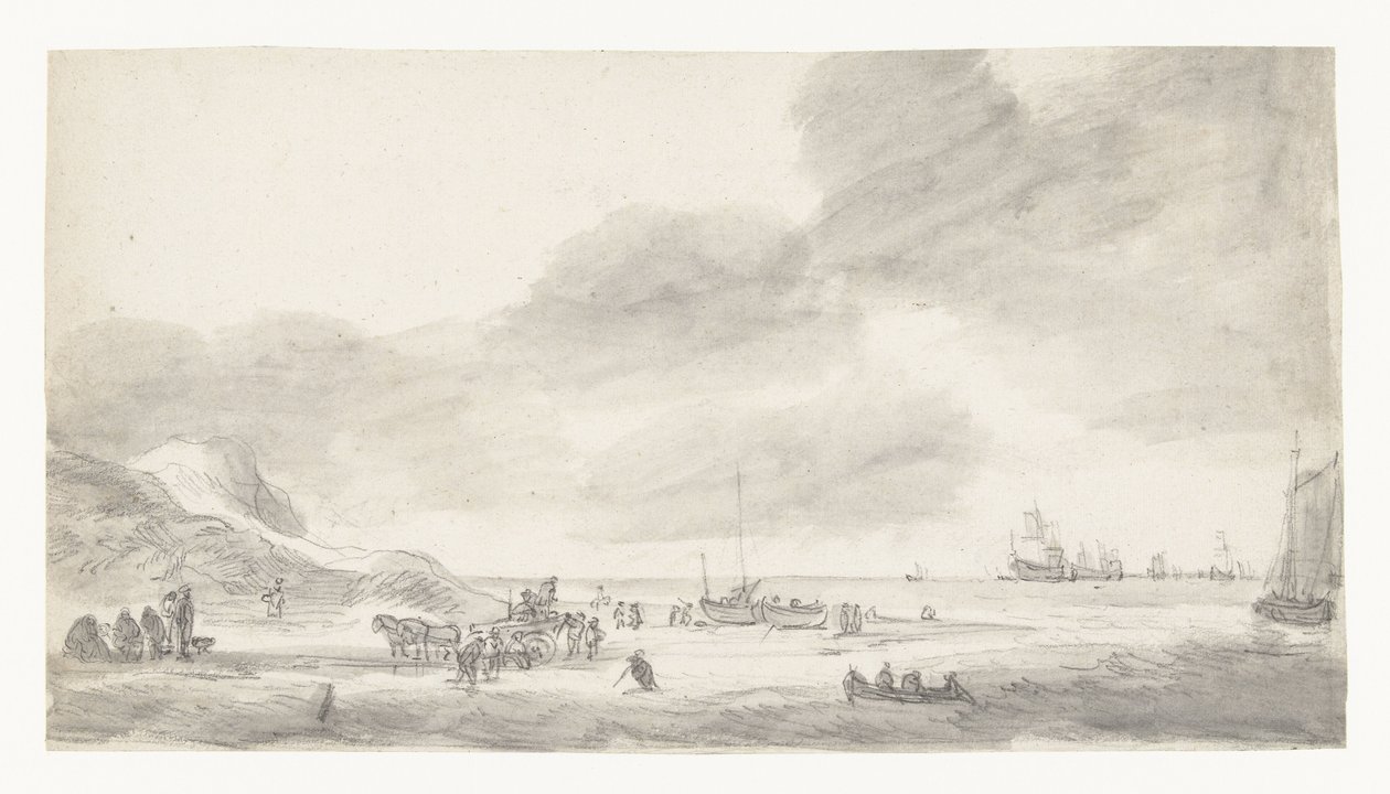 Strandscene med skjellfiskere og turgåere av Simon de Vlieger (possibly)