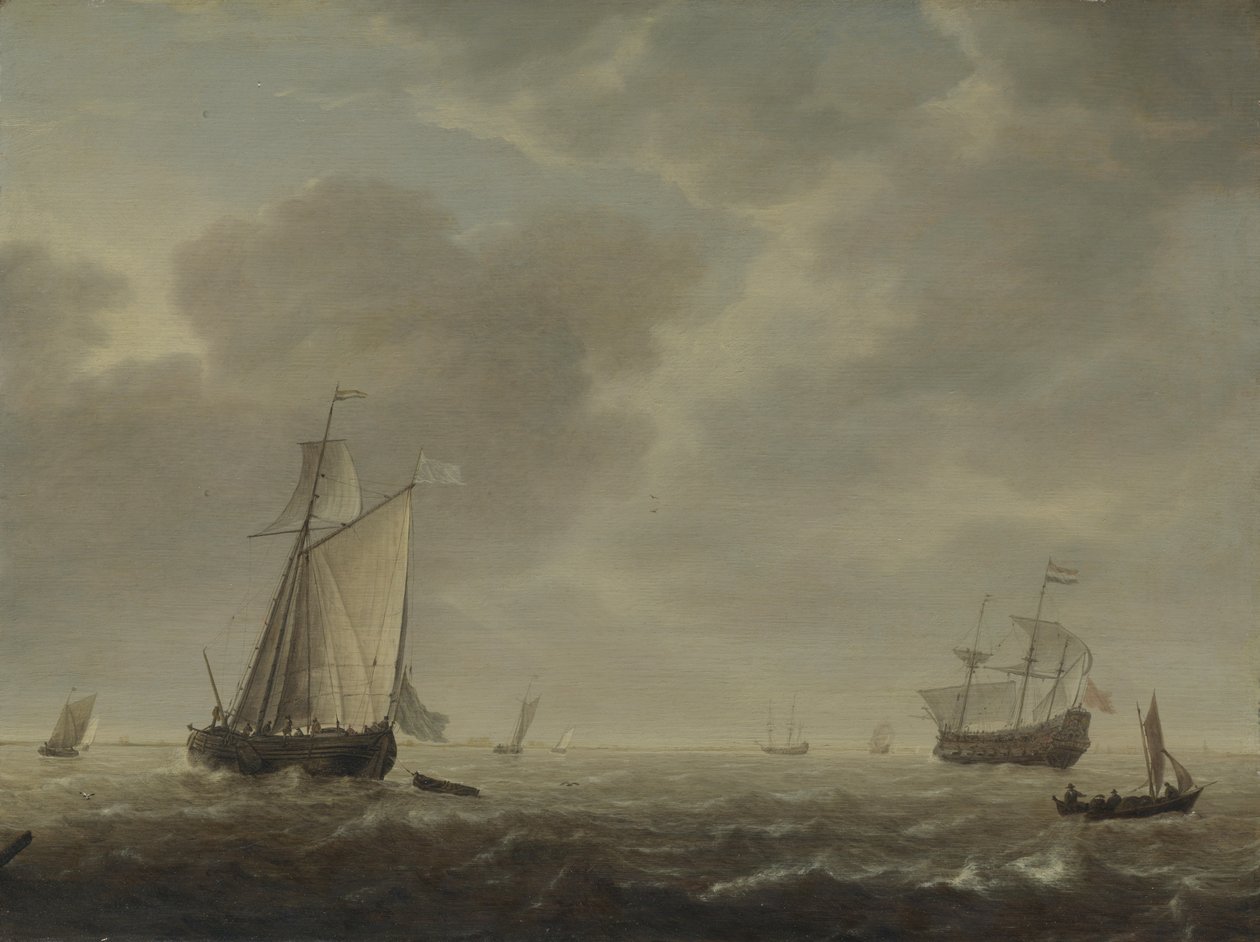 En nederlandsk krigsmann og forskjellige fartøyer i en bris, ca. 1640 av Simon de Vlieger
