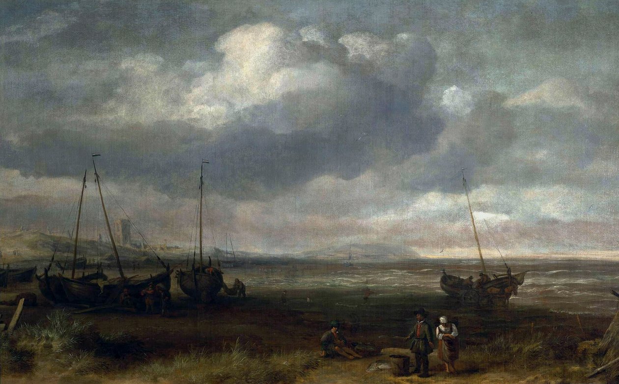 Kyst i Scheveningen med fiskebåter av Simon de Vlieger