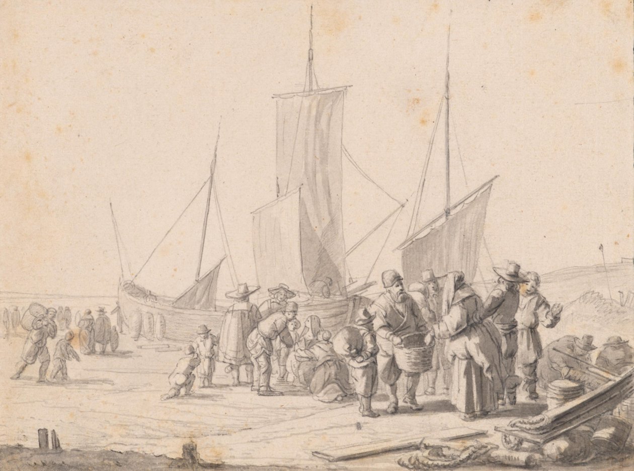 Strand med fiskeselgere av Simon de Vlieger