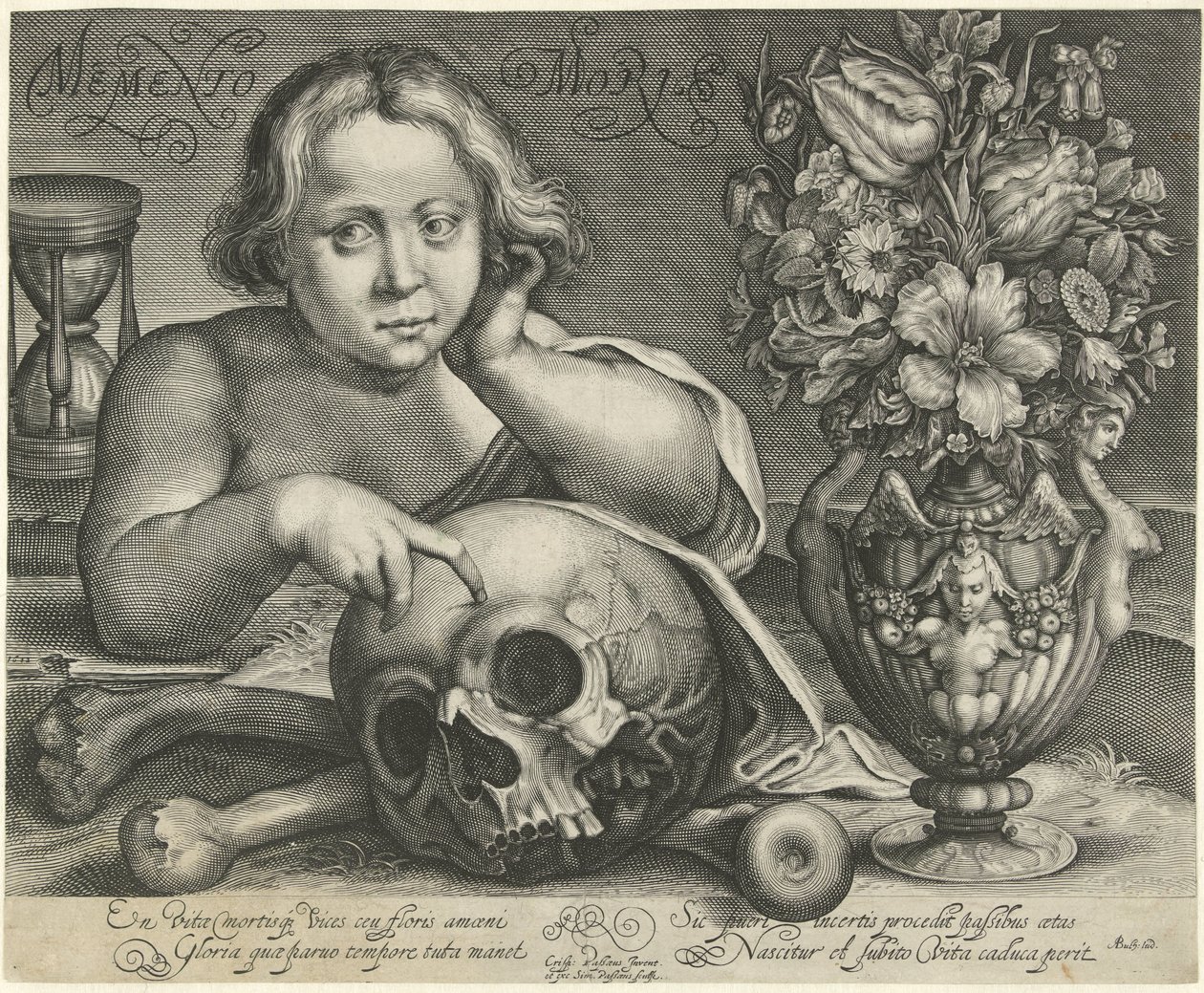 Barn med hodeskalle (Vanitas) Memento Mori (tittel på objekt) av Simon van de Passe