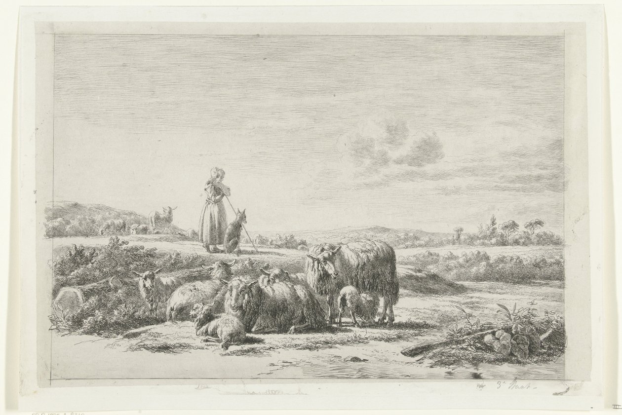 Landskap med en gjeterinne og hund med en saueflokk av Simon van den Berg