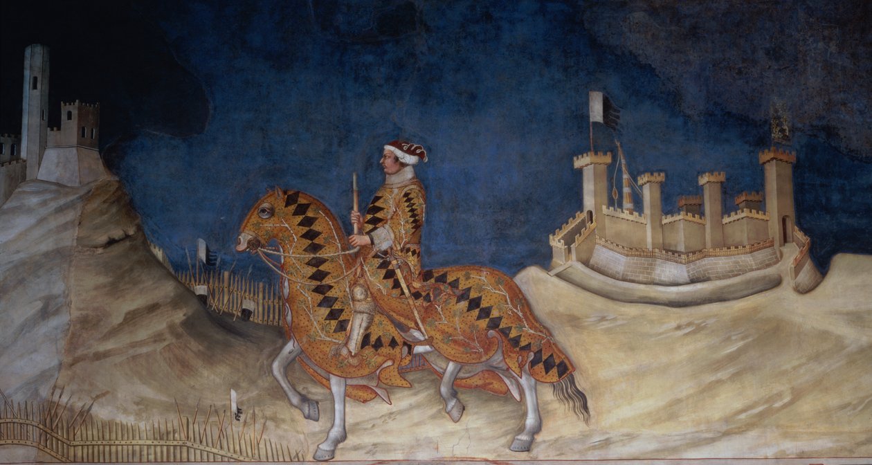 Minnemarkering av Guidoriccio da Fogliano ved beleiringen av Montemassi, fra Sala del Mappamondo, 1328 (detalj) av Simone Martini