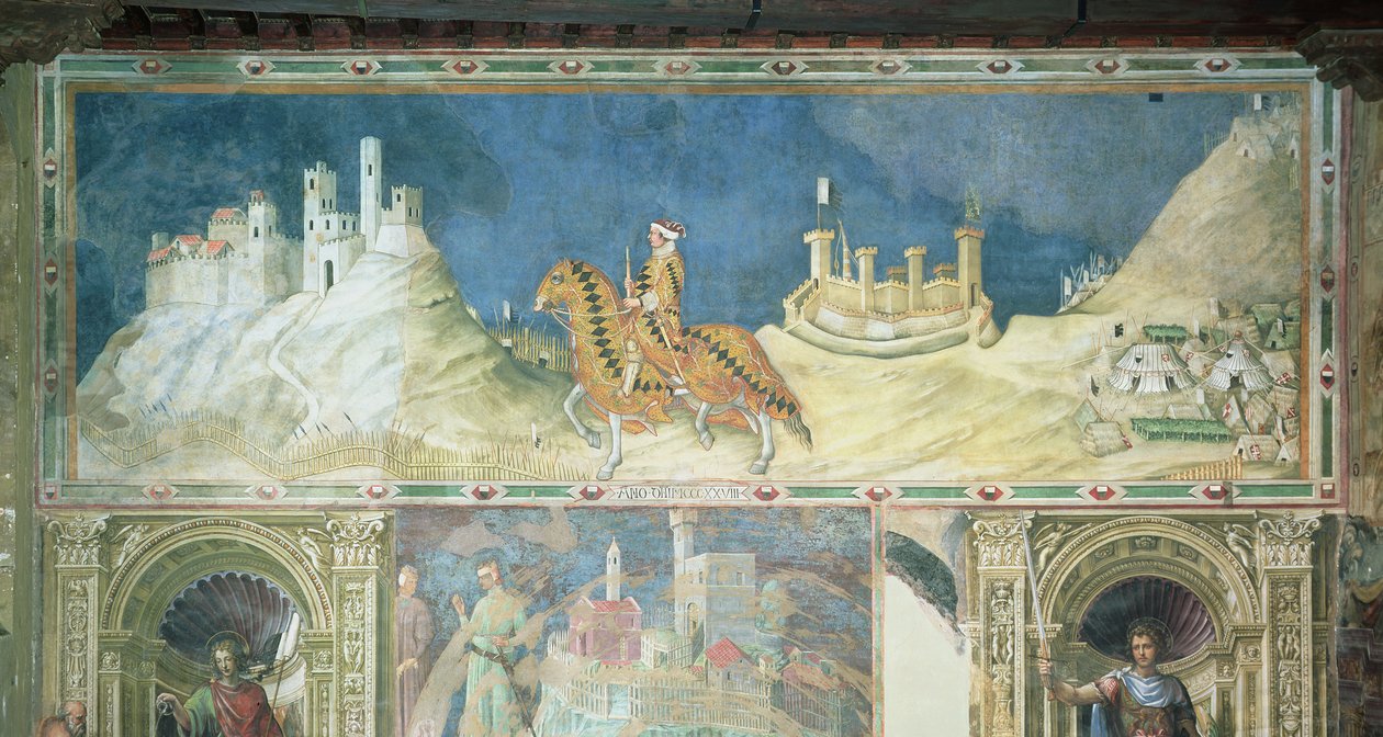 Minnemarkering av Guidoriccio da Fogliano ved beleiringen av Montemassi, fra Sala del Mappamondo, 1328 av Simone Martini