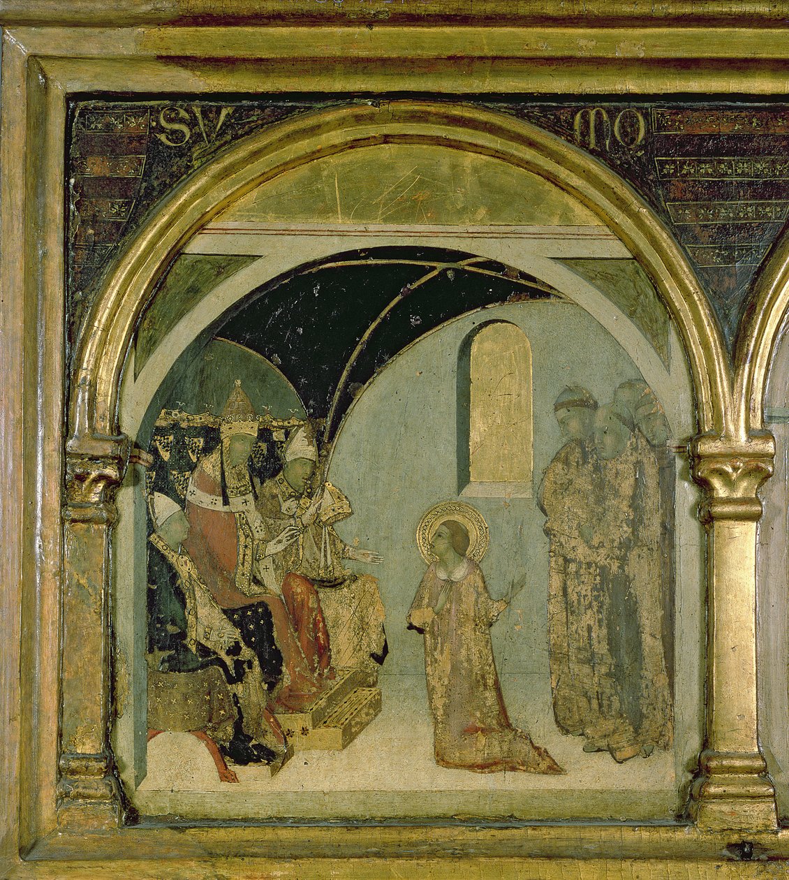 Detalj som viser St. Ludovico før pave Boniface VIII fra predellaen til St. Ludovico av Simone Martini