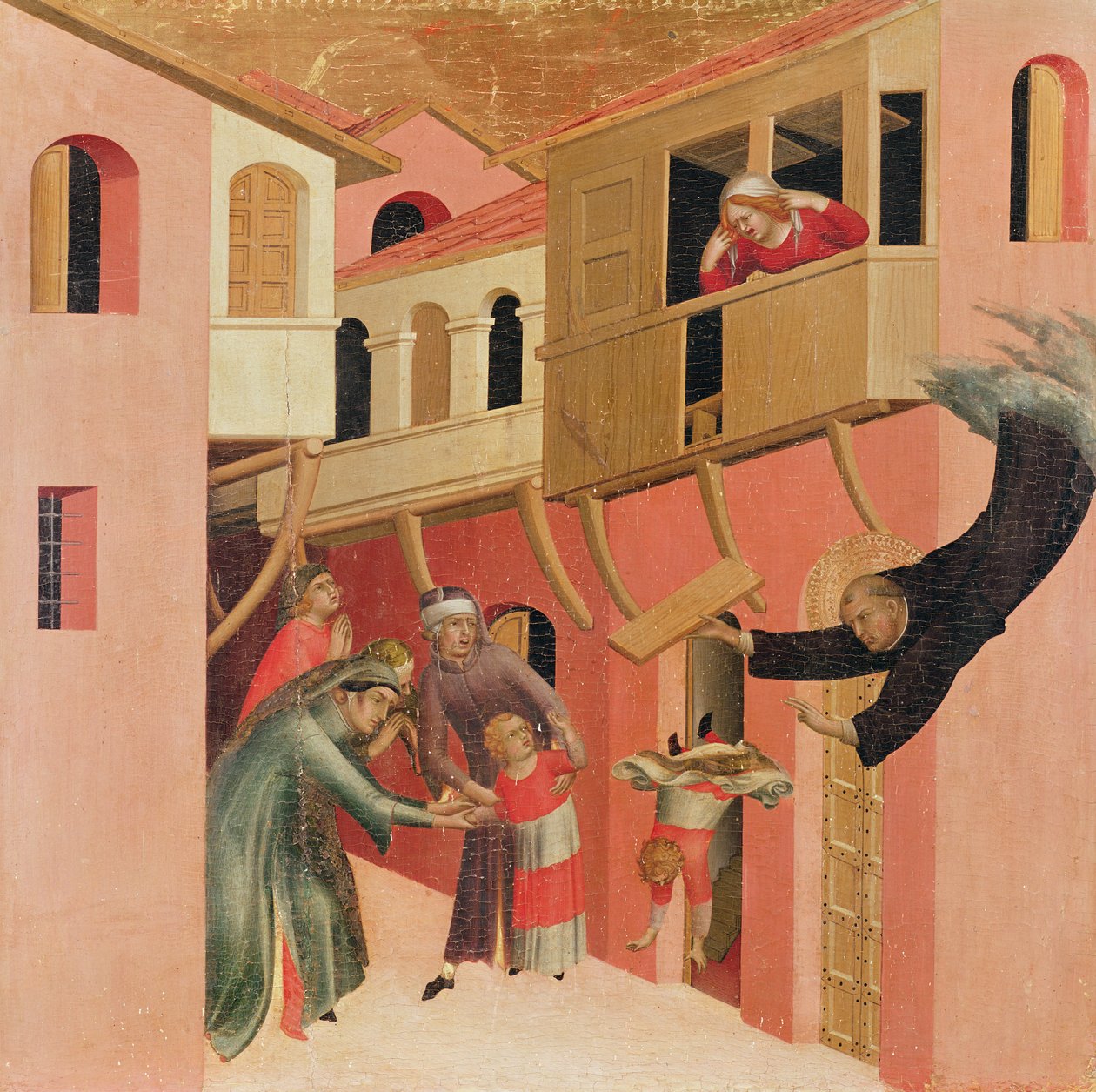 Polyptyk av den salige Agostino Novello og fire historier om hans liv, detalj av venstre panel til Agostino Novello som redder en baby når den faller fra en balkong, ca. 1328 (tempera på panel) av Simone Martini