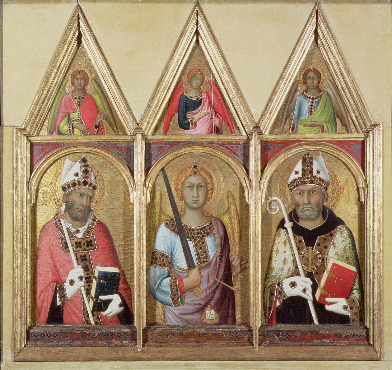 St. Geminianus, St. Michael and St. Augustine, ca. 1319 (tempera med gull på panel) (detaljer 58834 og 58836) av Simone Martini
