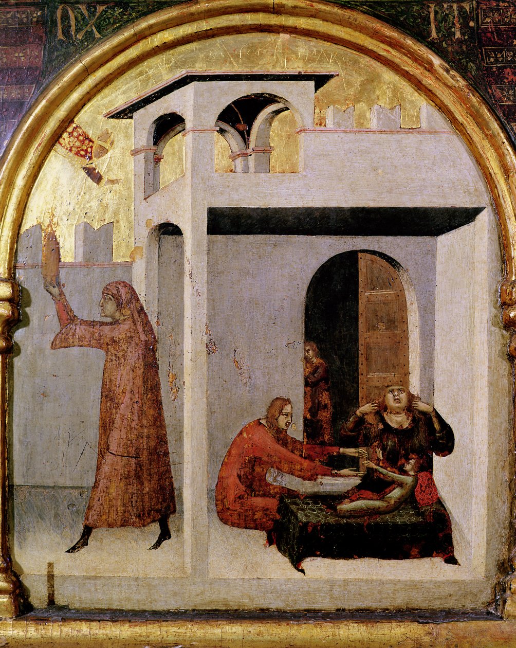 St. Louis av Toulouse (1274-97) dukker opp ved sengen til et sykt barn, predellapanel fra alteret til St. Louis av Toulouse, 1317 (tempera på panel) av Simone Martini