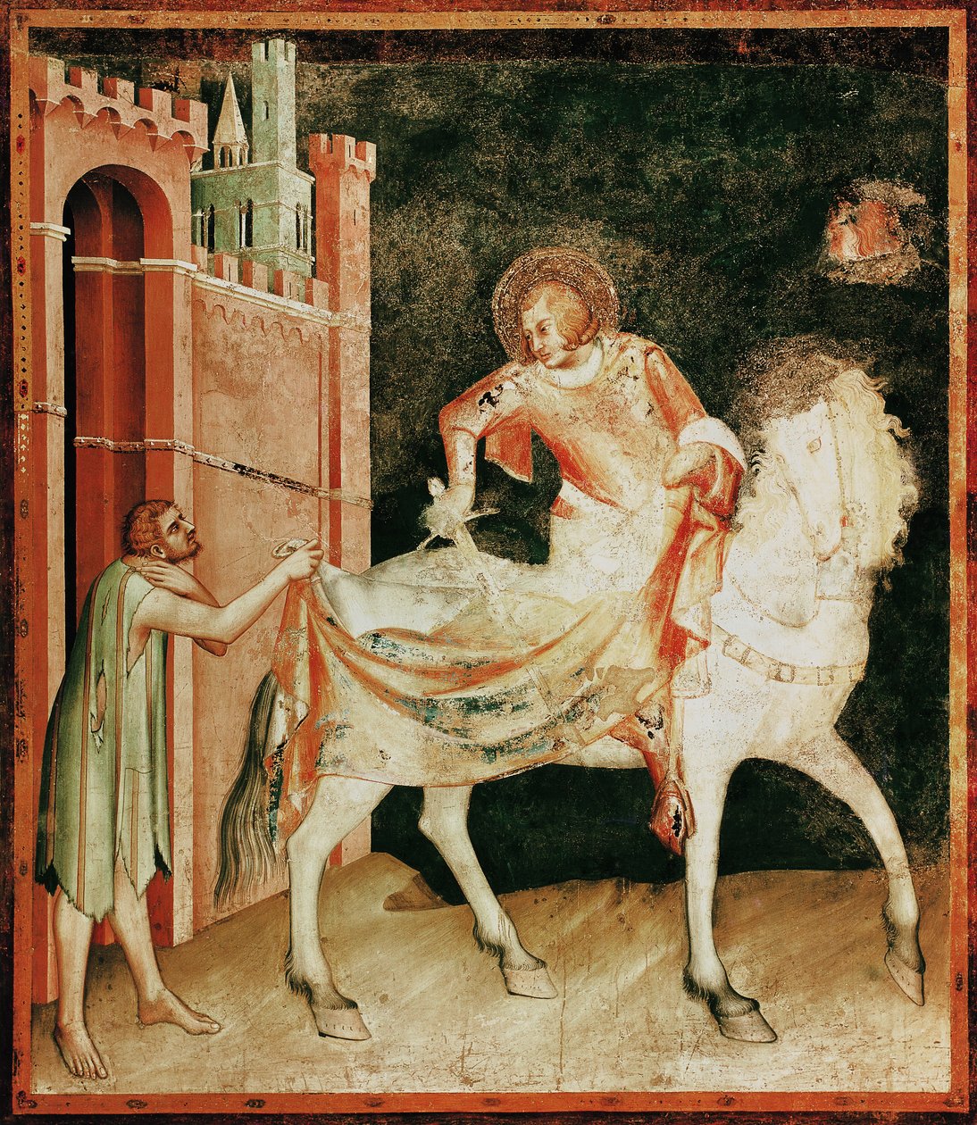 St. Martin deler kappen sin med tiggeren, fra St. Martins liv, 1326 av Simone Martini