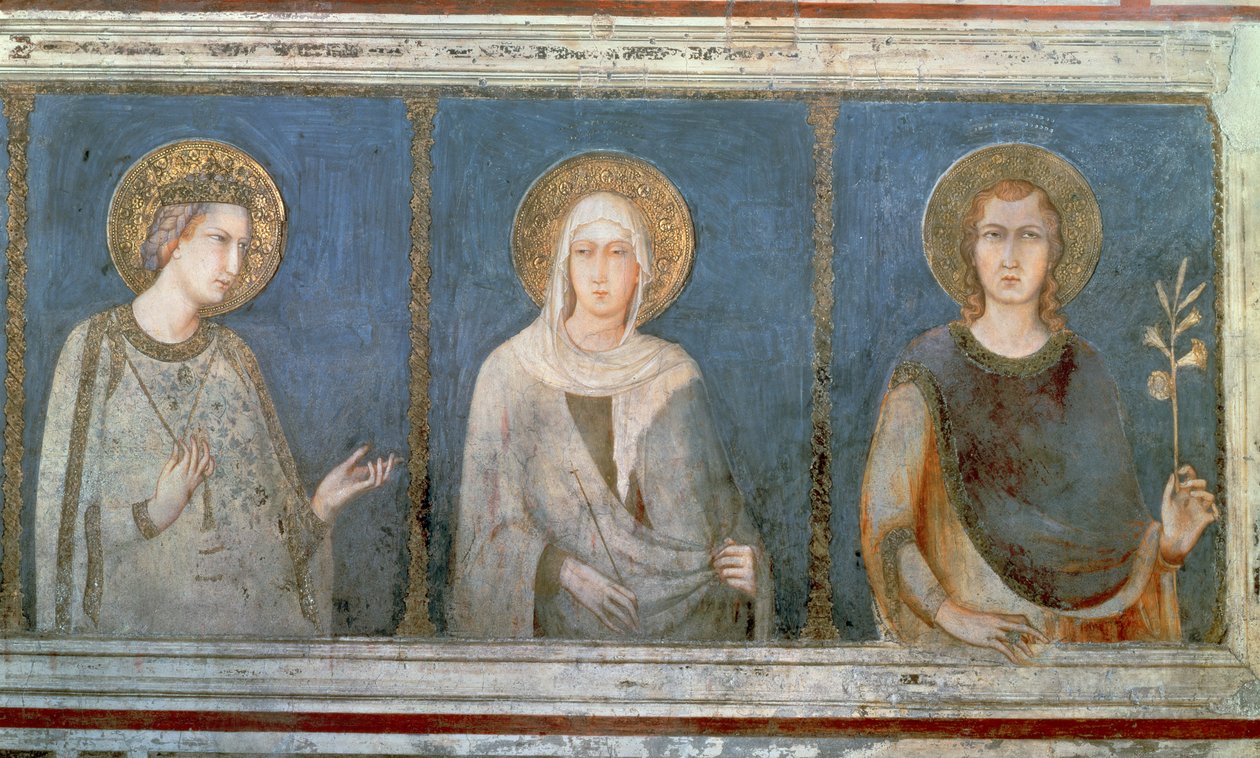 Fem hellige, detalj av St. Elisabeth av Ungarn, St. Clare og en annen helgen av Simone Martini