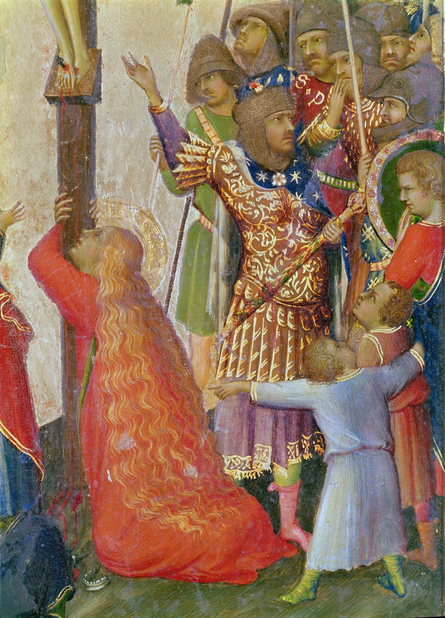 The Strike of the Lance-detaljen til gruppen rundt Mary Magdalene-tempera på panel av Simone Martini