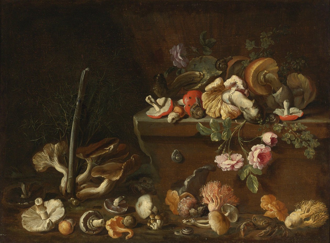 Stilleben med sopp og blomster av Simone del Tintore
