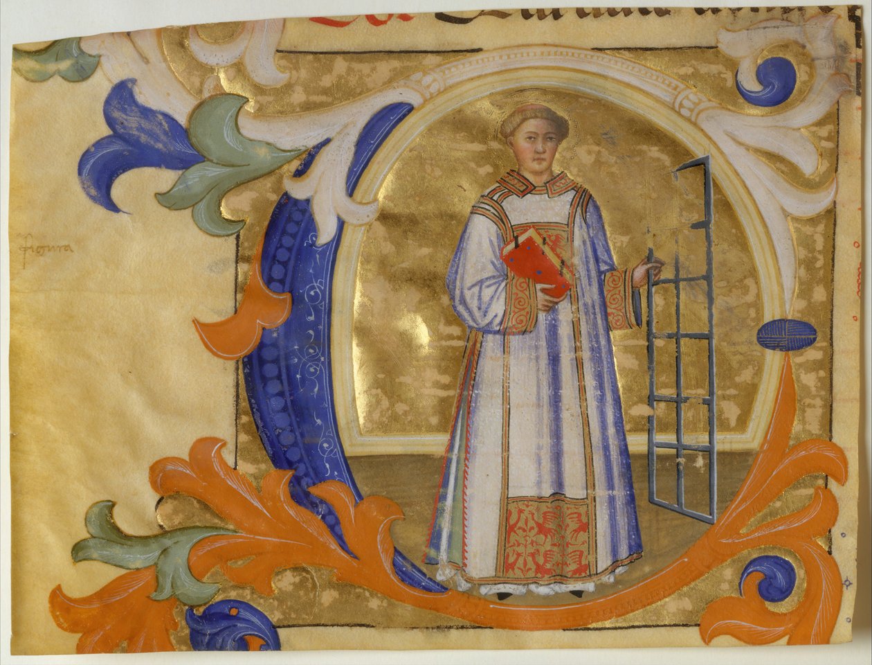 Manuskriptbelysning med Saint Lawrence i en innledende C, fra en gradvis, italiensk, ca. 1380-90. av Simone Camaldolese
