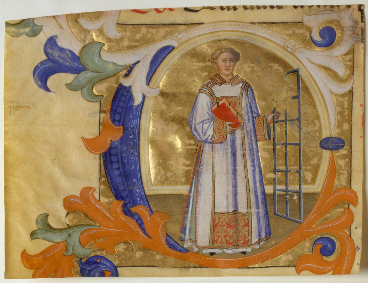 Manuskriptbelysning med Saint Lawrence i en initial C, fra en Gradual, ca. 1380-90. av Simone Camaldolese