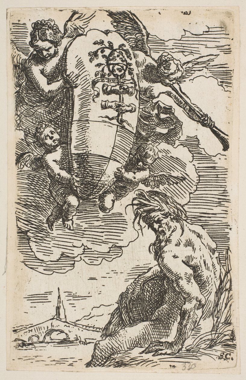 Allegori av Foglia-elven med byen Pesaros våpenskjold, frontispice for ..., ca. 1639. av Simone Cantarini