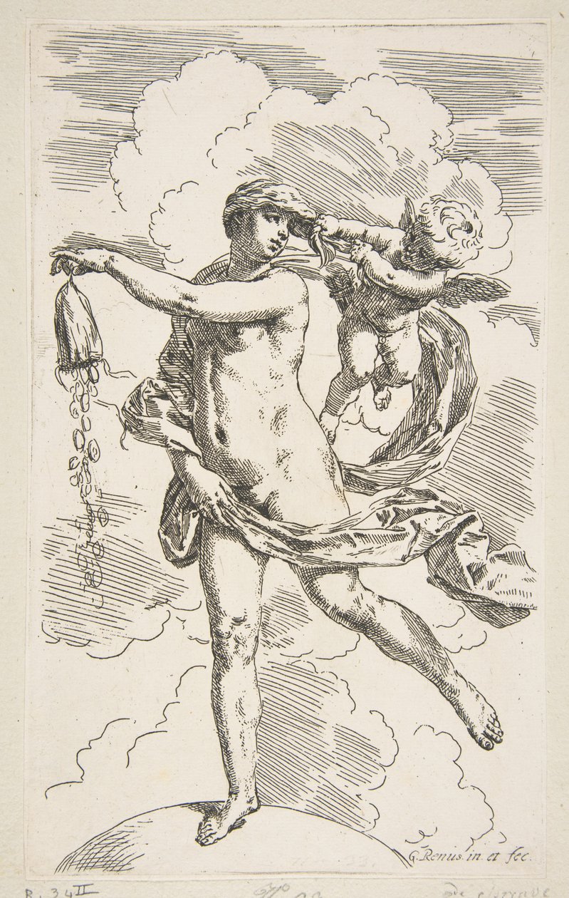 Formue som står på en jordklode og tømmer en veske for mynter, ca. 1635-1636. av Simone Cantarini